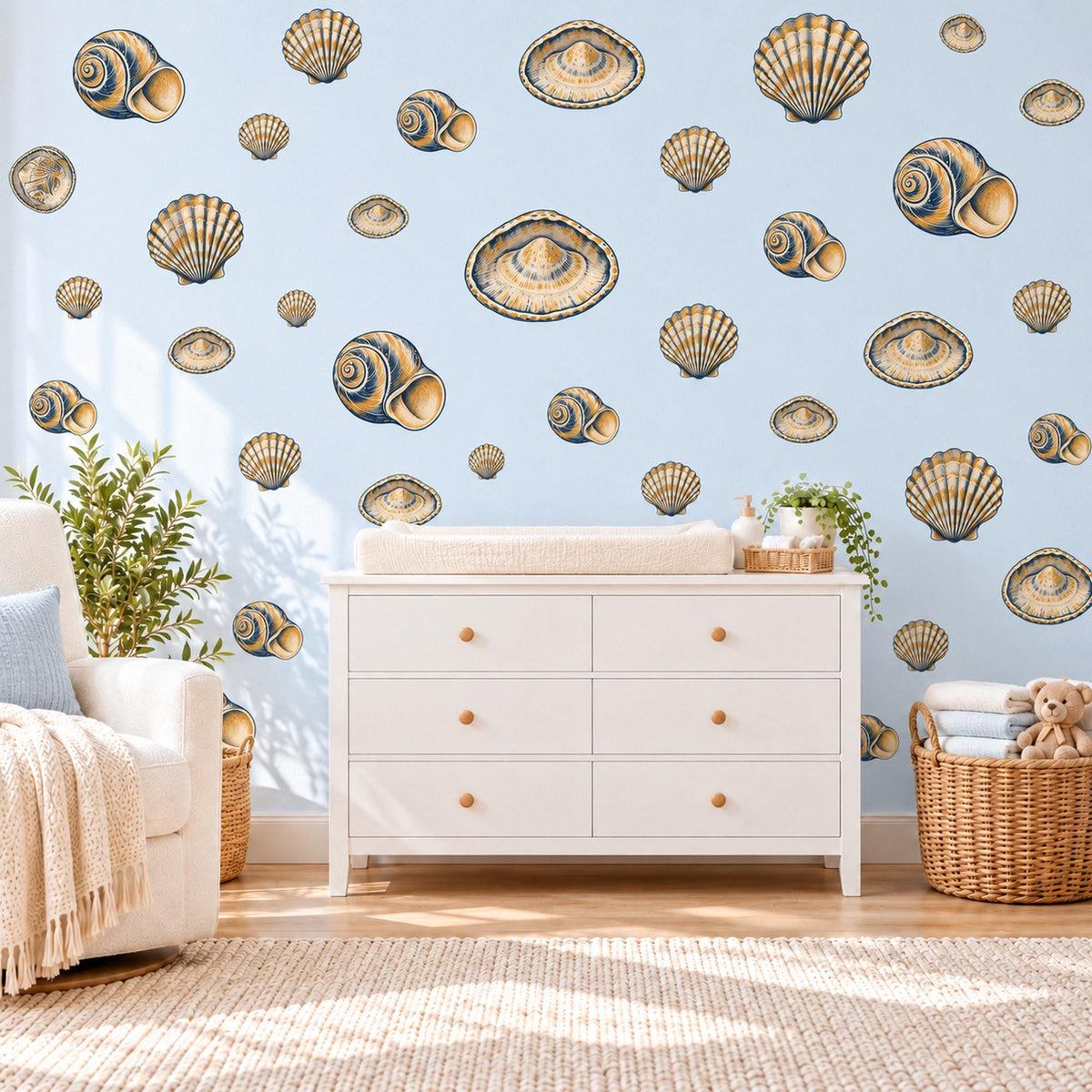 Seashell Wall Stickers, Navy Gold Shell Decor, Vintage Scallop Shell Wall Decals, Coastal Nautical Bathroom Kids Peel and Stick Wall Art