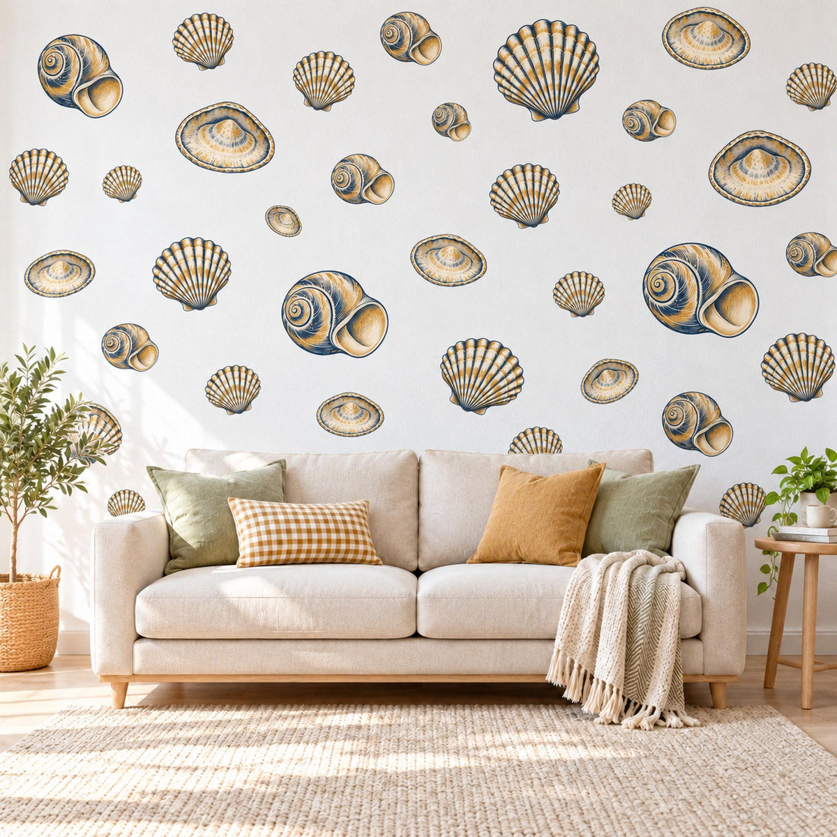 Seashell Wall Stickers, Navy Gold Shell Decor, Vintage Scallop Shell Wall Decals, Coastal Nautical Bathroom Kids Peel and Stick Wall Art