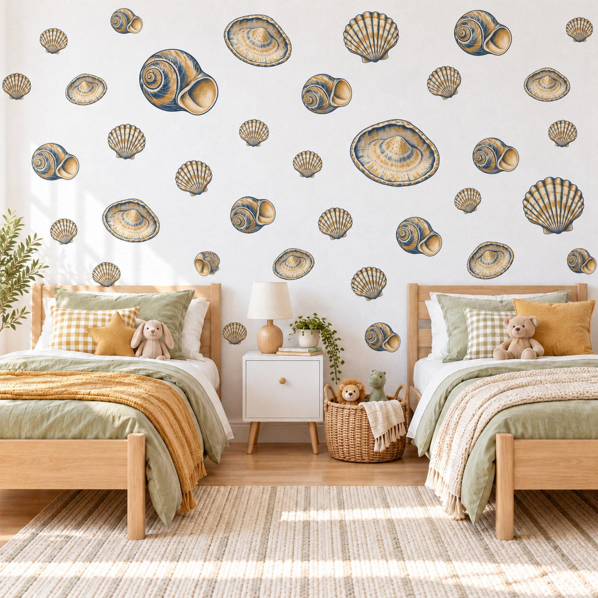 Seashell Wall Stickers, Navy Gold Shell Decor, Vintage Scallop Shell Wall Decals, Coastal Nautical Bathroom Kids Peel and Stick Wall Art