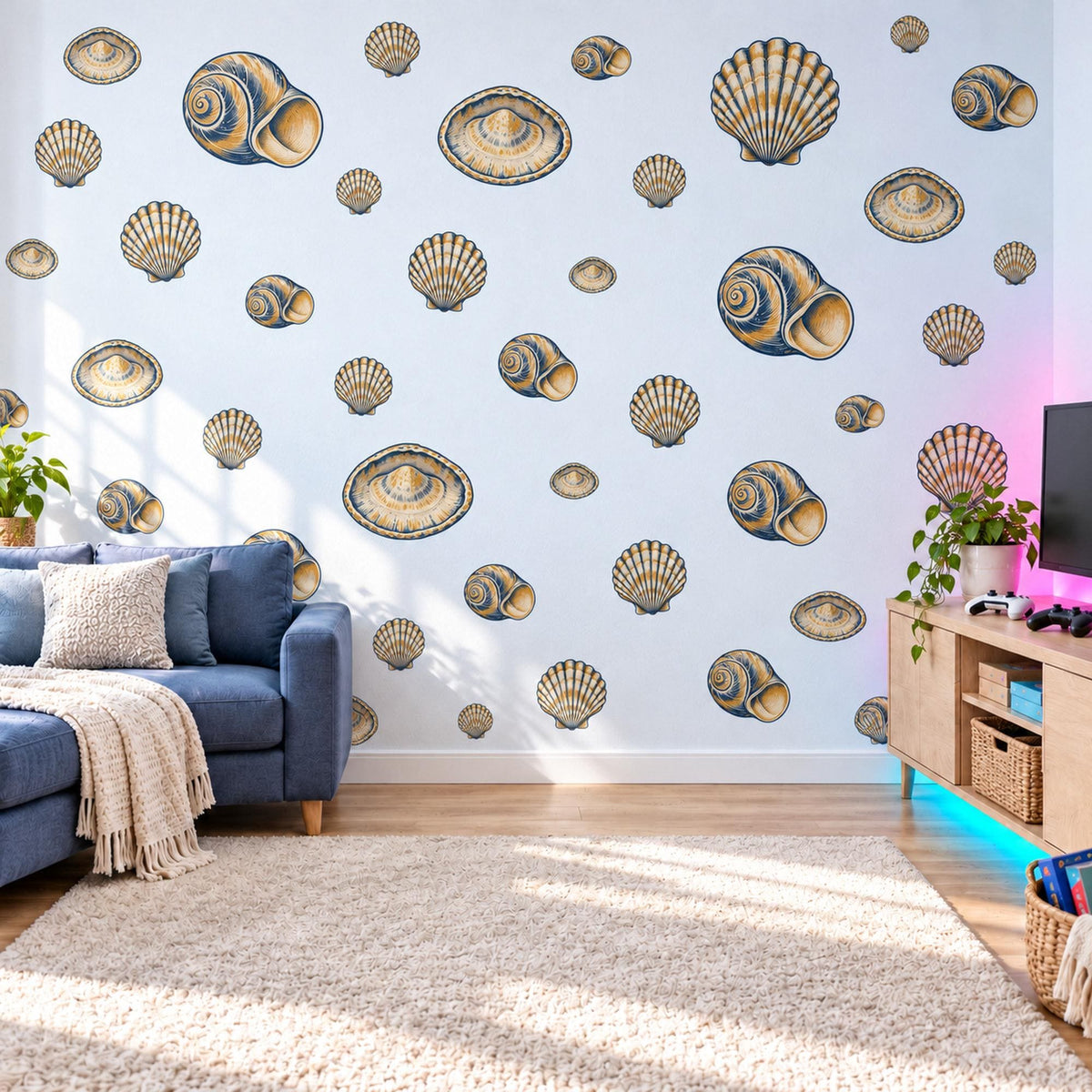 Seashell Wall Stickers, Navy Gold Shell Decor, Vintage Scallop Shell Wall Decals, Coastal Nautical Bathroom Kids Peel and Stick Wall Art
