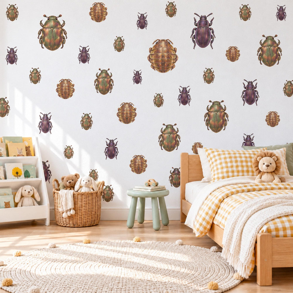 Beetle Wall Stickers, Green Purple Bug Insect Decor, Vintage Beetle Wall Decals, Boys Kids Room Nature Explorer Peel and Stick Wall Art