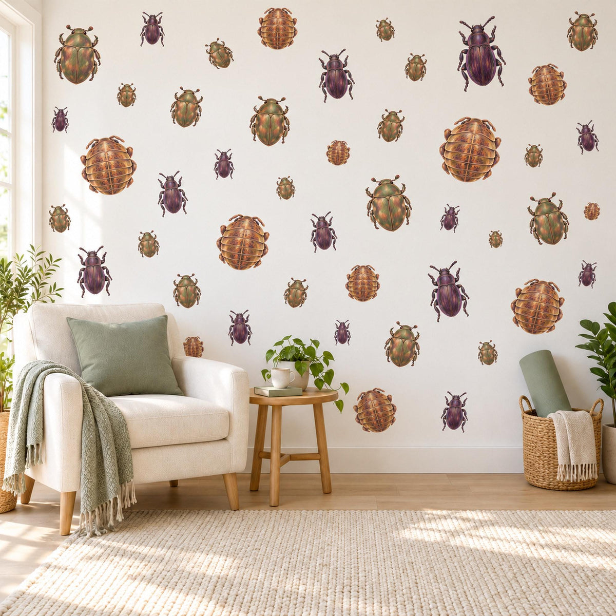 Beetle Wall Stickers, Green Purple Bug Insect Decor, Vintage Beetle Wall Decals, Boys Kids Room Nature Explorer Peel and Stick Wall Art