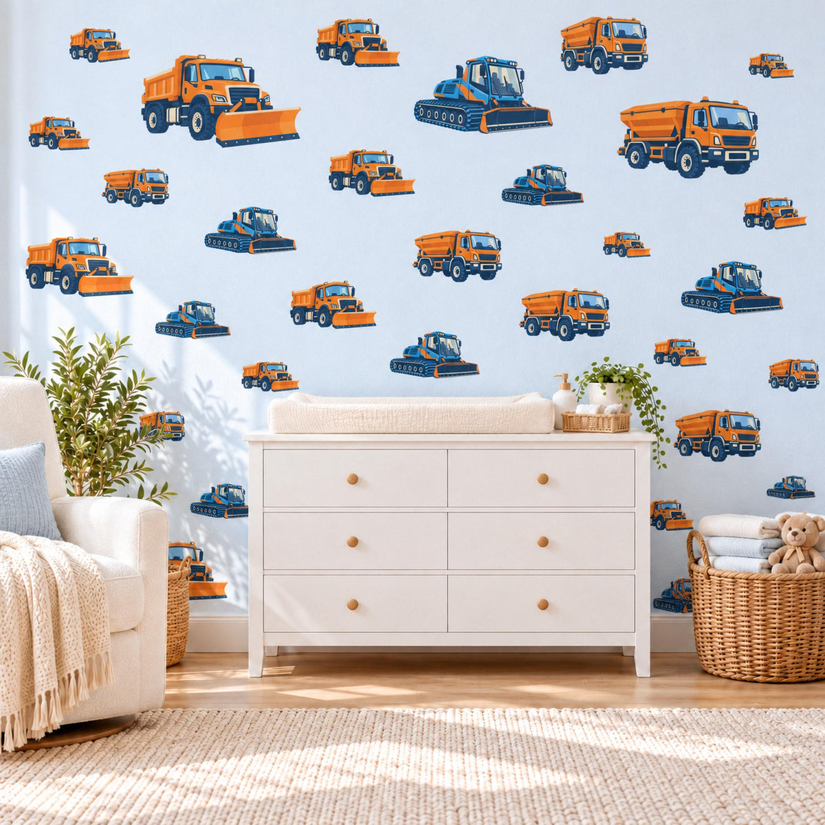 Snow Plough Wall Stickers, Orange Navy Truck Vehicle Decor, Winter Construction Wall Decals, Boys Kids Room Peel and Stick Wall Art