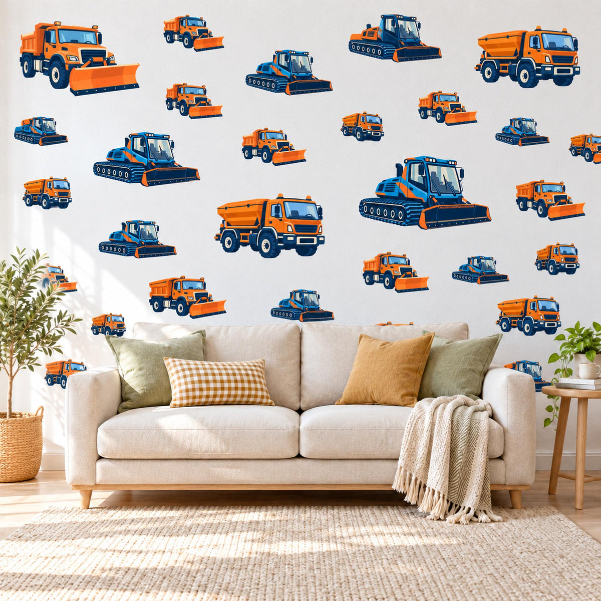 Snow Plough Wall Stickers, Orange Navy Truck Vehicle Decor, Winter Construction Wall Decals, Boys Kids Room Peel and Stick Wall Art