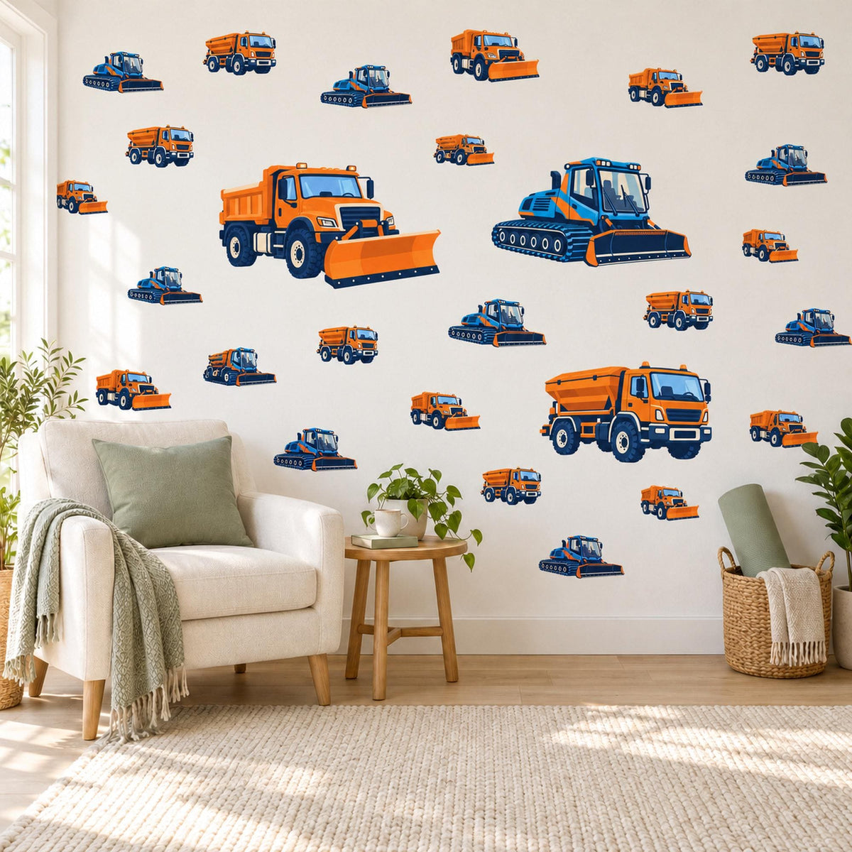 Snow Plough Wall Stickers, Orange Navy Truck Vehicle Decor, Winter Construction Wall Decals, Boys Kids Room Peel and Stick Wall Art