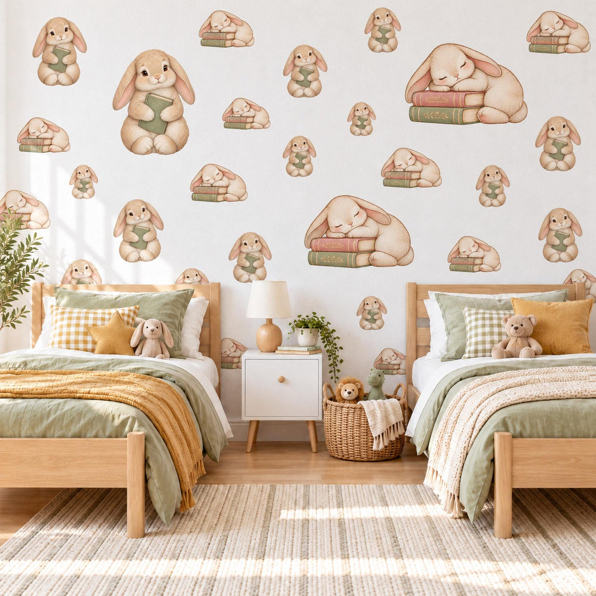 Bunny Wall Stickers, Blush Sage Rabbit Nursery Decor, Bedtime Story Bunny Book Wall Decals, Neutral Baby Room Peel and Stick Wall Art