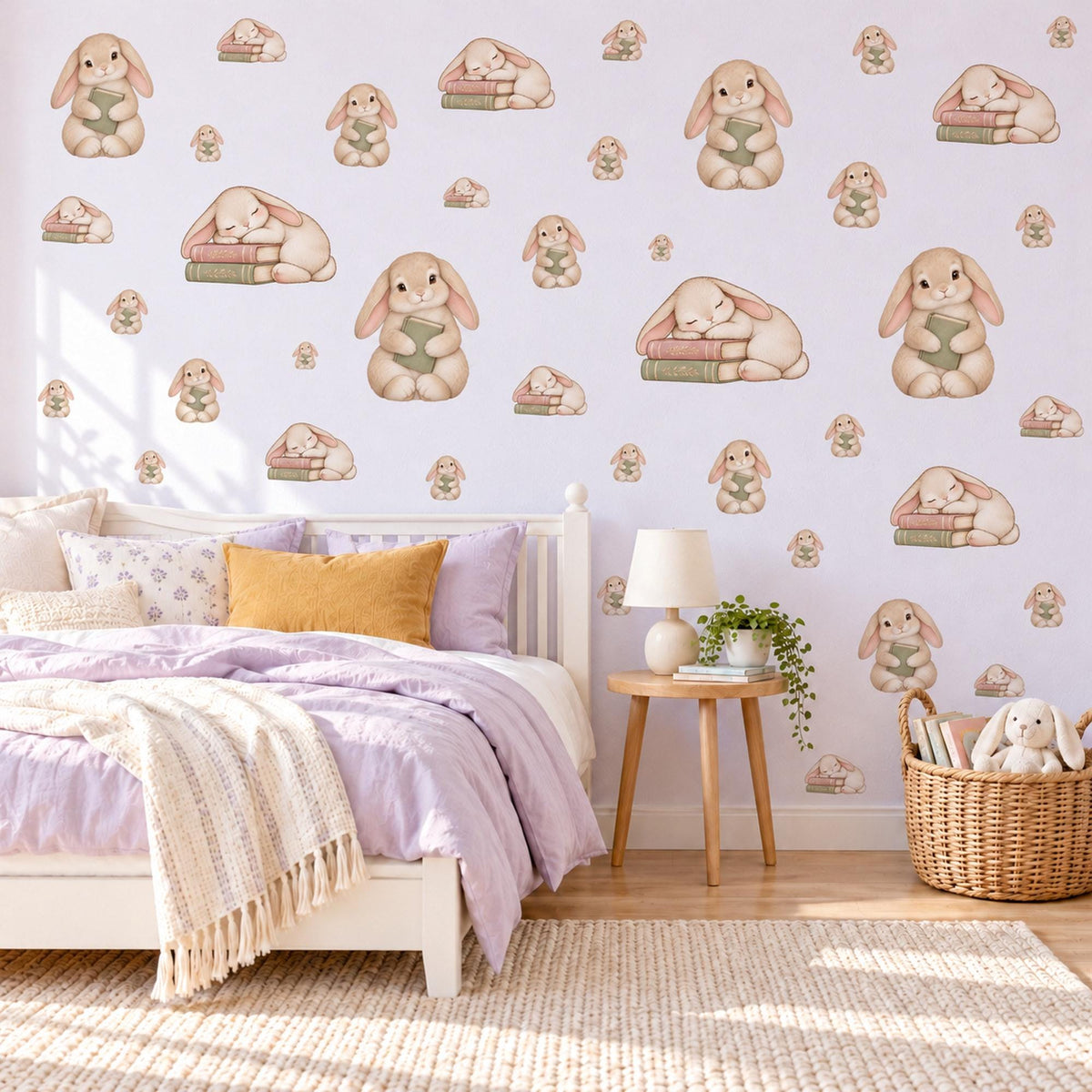 Bunny Wall Stickers, Blush Sage Rabbit Nursery Decor, Bedtime Story Bunny Book Wall Decals, Neutral Baby Room Peel and Stick Wall Art