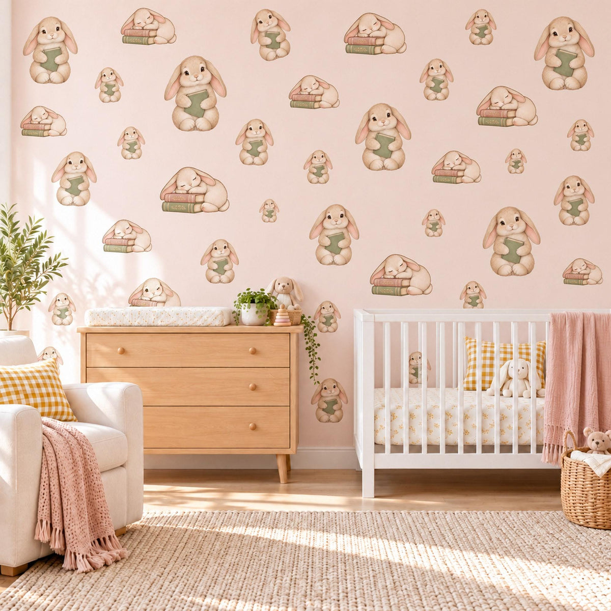 Bunny Wall Stickers, Blush Sage Rabbit Nursery Decor, Bedtime Story Bunny Book Wall Decals, Neutral Baby Room Peel and Stick Wall Art