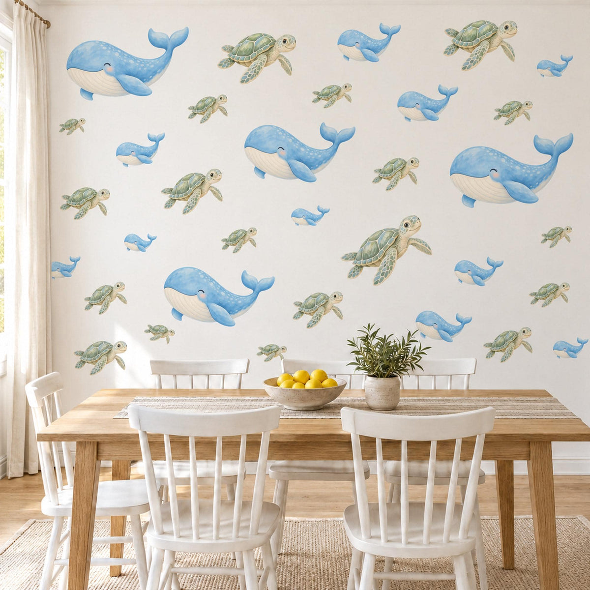 Whale Wall Stickers, Blue Whale Sea Turtle Nursery Decor, Ocean Animal Wall Decals, Under the Sea Kids Room Peel and Stick Wall Art