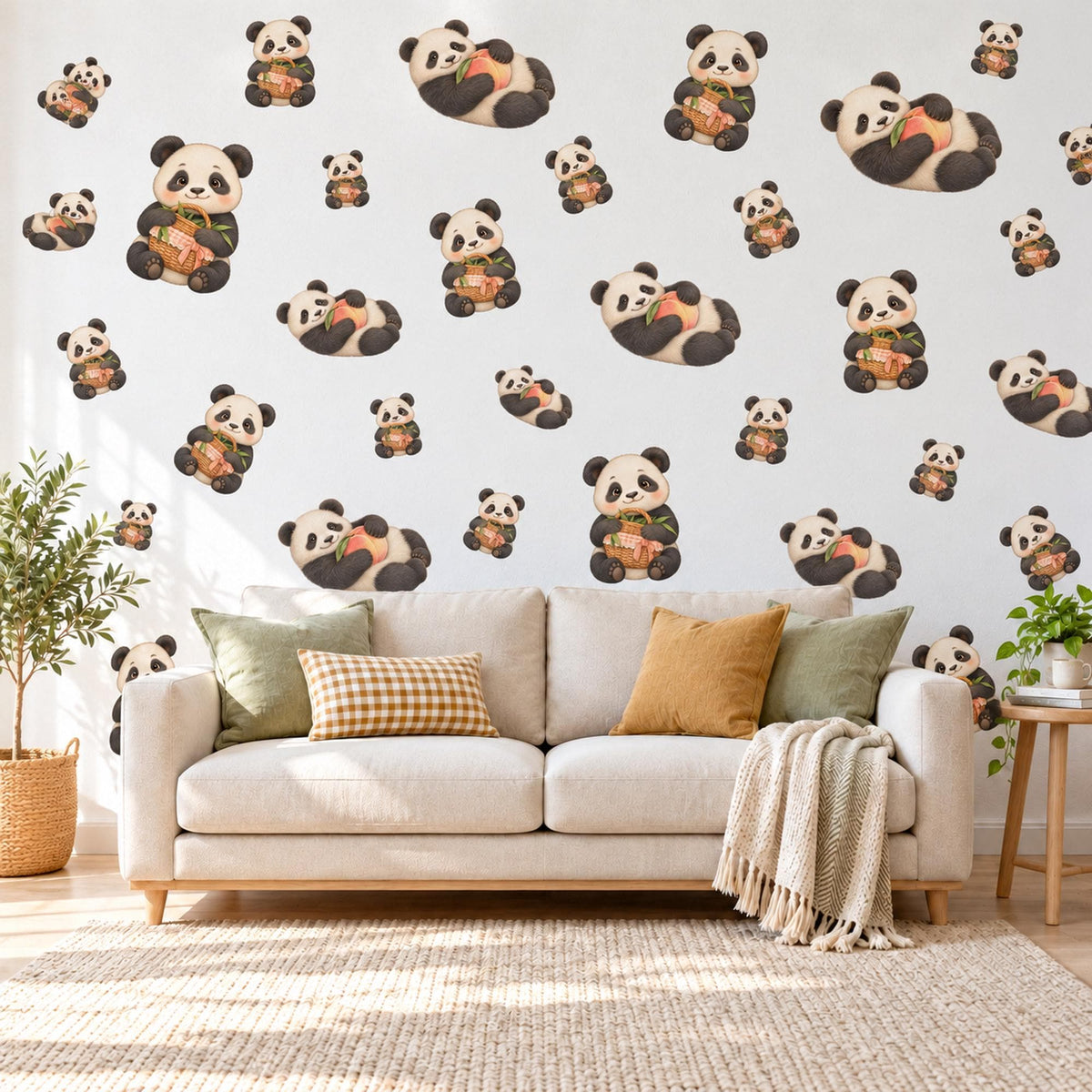 Panda Wall Stickers, Cute Panda Bear Nursery Decor, Picnic Panda Wall Decals, Neutral Kids Room Black White Peel and Stick Wall Art