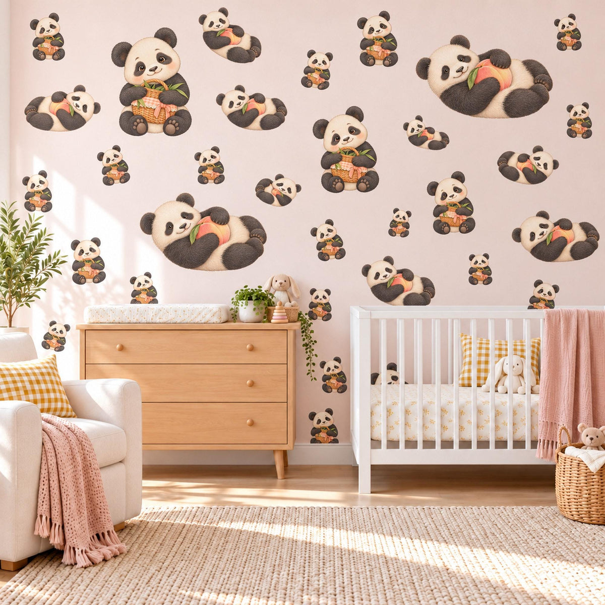 Panda Wall Stickers, Cute Panda Bear Nursery Decor, Picnic Panda Wall Decals, Neutral Kids Room Black White Peel and Stick Wall Art