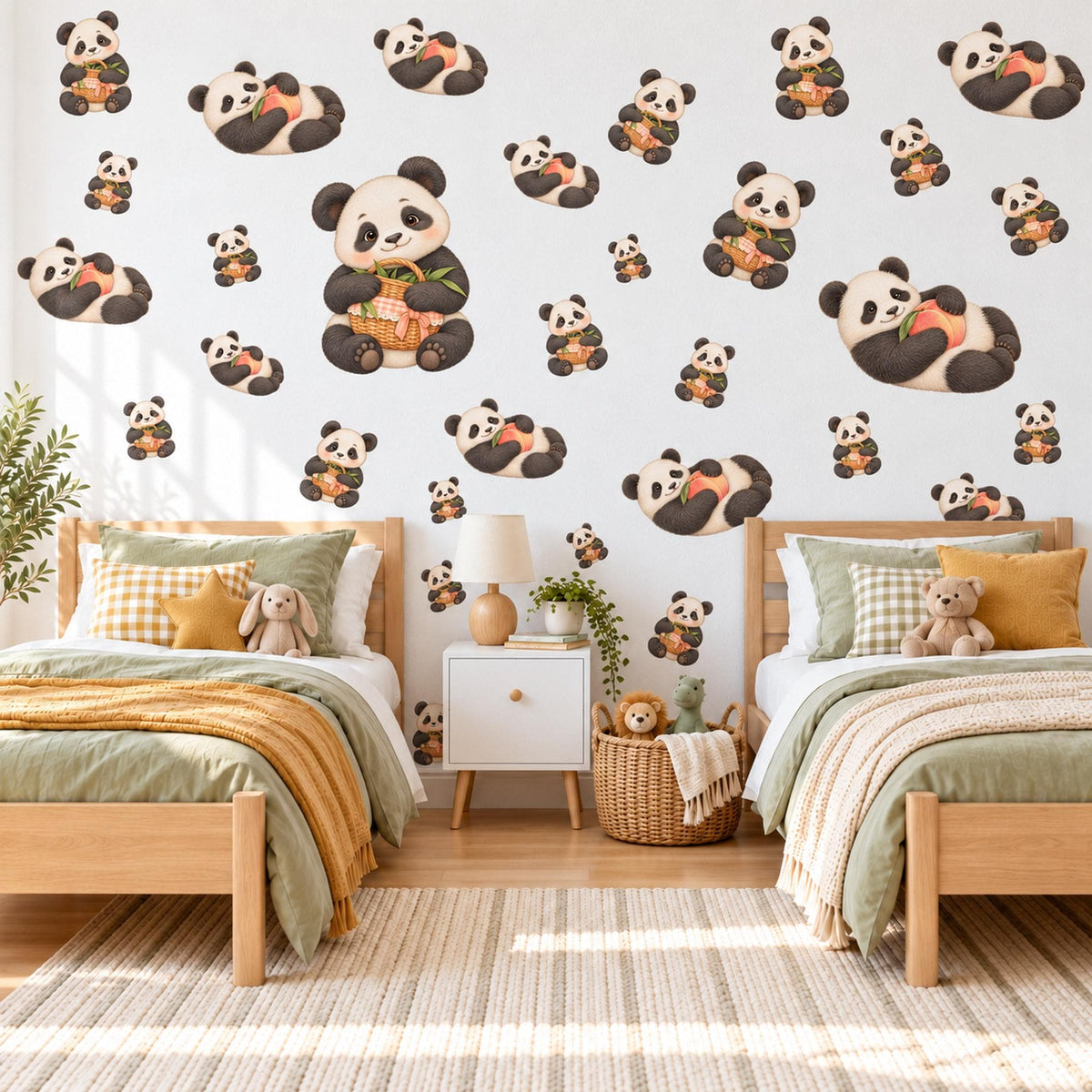 Panda Wall Stickers, Cute Panda Bear Nursery Decor, Picnic Panda Wall Decals, Neutral Kids Room Black White Peel and Stick Wall Art