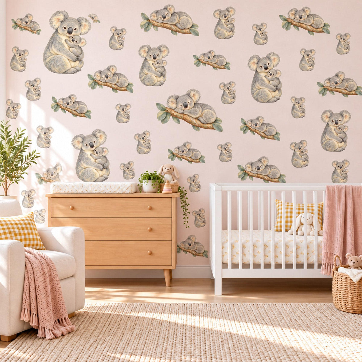 Koala Wall Stickers, Mum and Baby Koala Nursery Decor, Australian Animal Wall Decals, Grey Neutral Kids Room Peel and Stick Wall Art