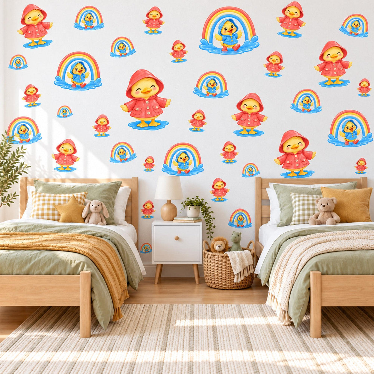 Duck Wall Stickers, Raincoat Duckling Rainbow Nursery Decor, Rainy Day Wall Decals, Bright Kids Room Red Yellow Peel and Stick Wall Art