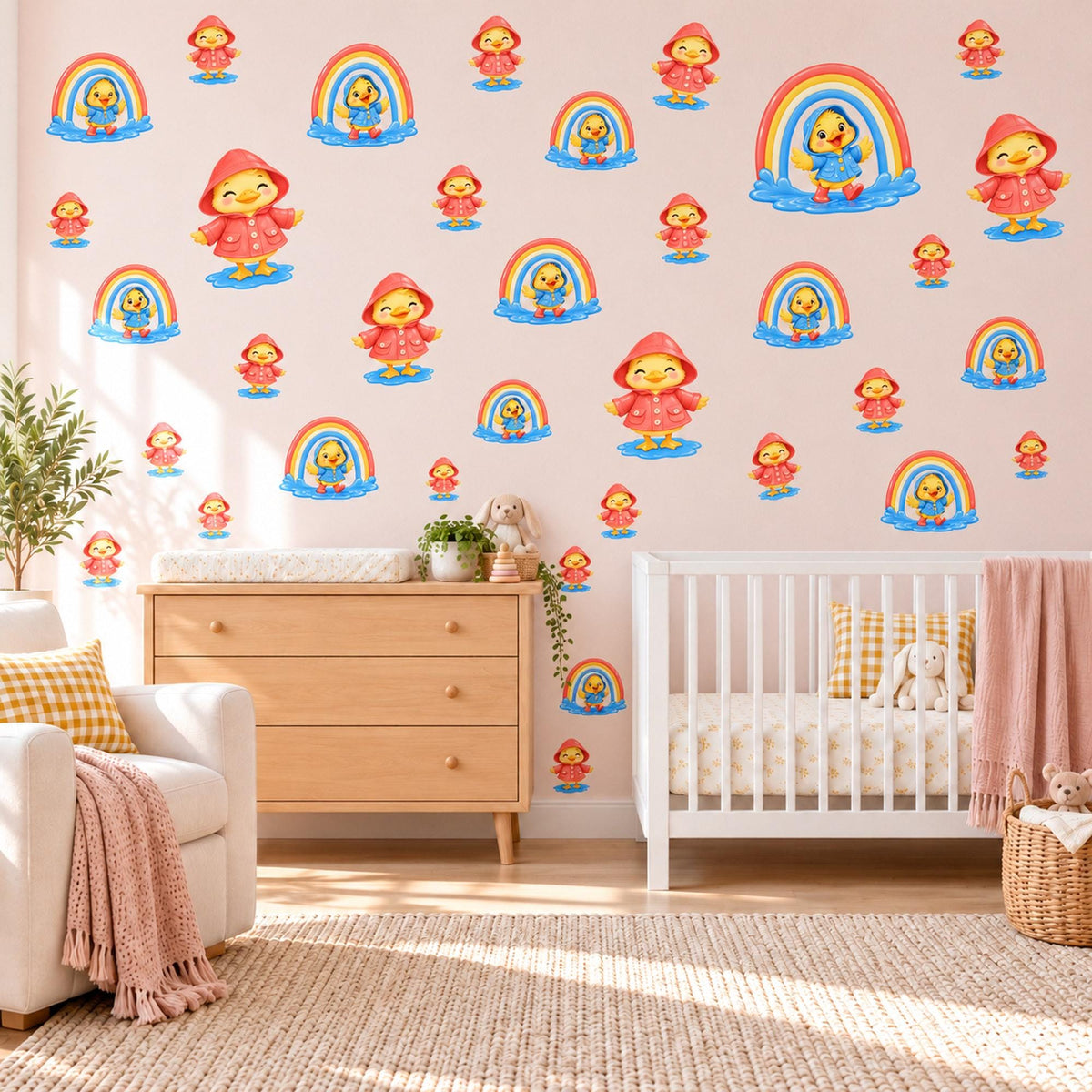 Duck Wall Stickers, Raincoat Duckling Rainbow Nursery Decor, Rainy Day Wall Decals, Bright Kids Room Red Yellow Peel and Stick Wall Art