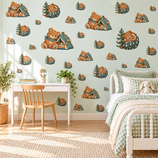 Teddy Bear Wall Stickers, Camping Bear Tent Nursery Decor, Woodland Adventure Wall Decals, Boys Kids Room Green Peel and Stick Wall Art