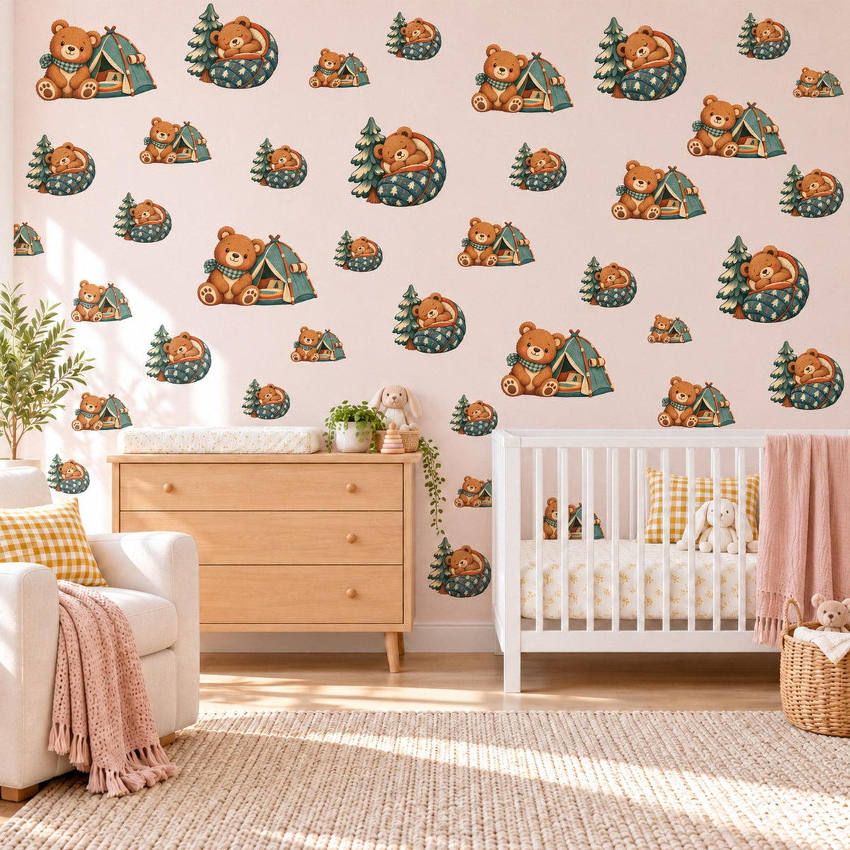 Teddy Bear Wall Stickers, Camping Bear Tent Nursery Decor, Woodland Adventure Wall Decals, Boys Kids Room Green Peel and Stick Wall Art