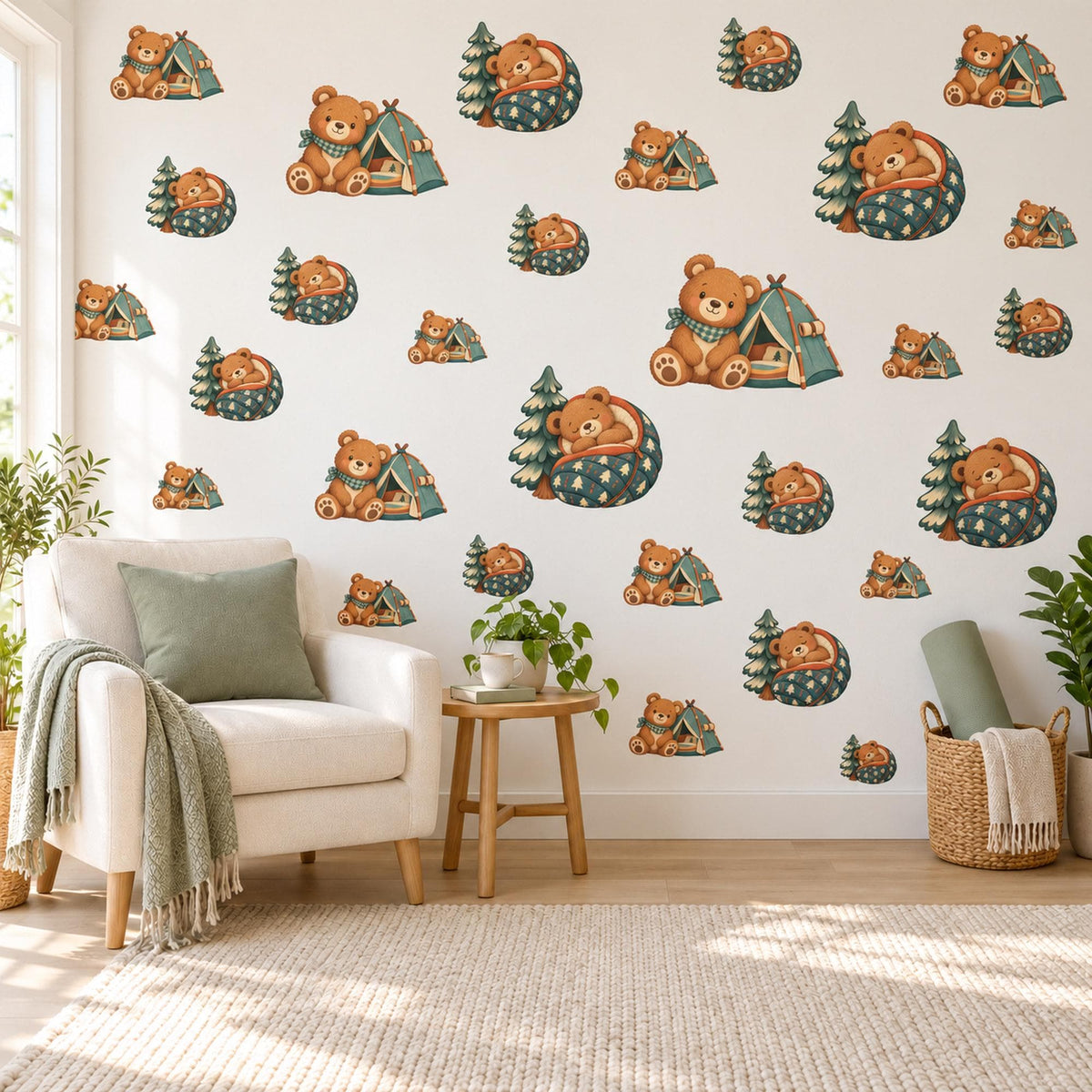 Teddy Bear Wall Stickers, Camping Bear Tent Nursery Decor, Woodland Adventure Wall Decals, Boys Kids Room Green Peel and Stick Wall Art