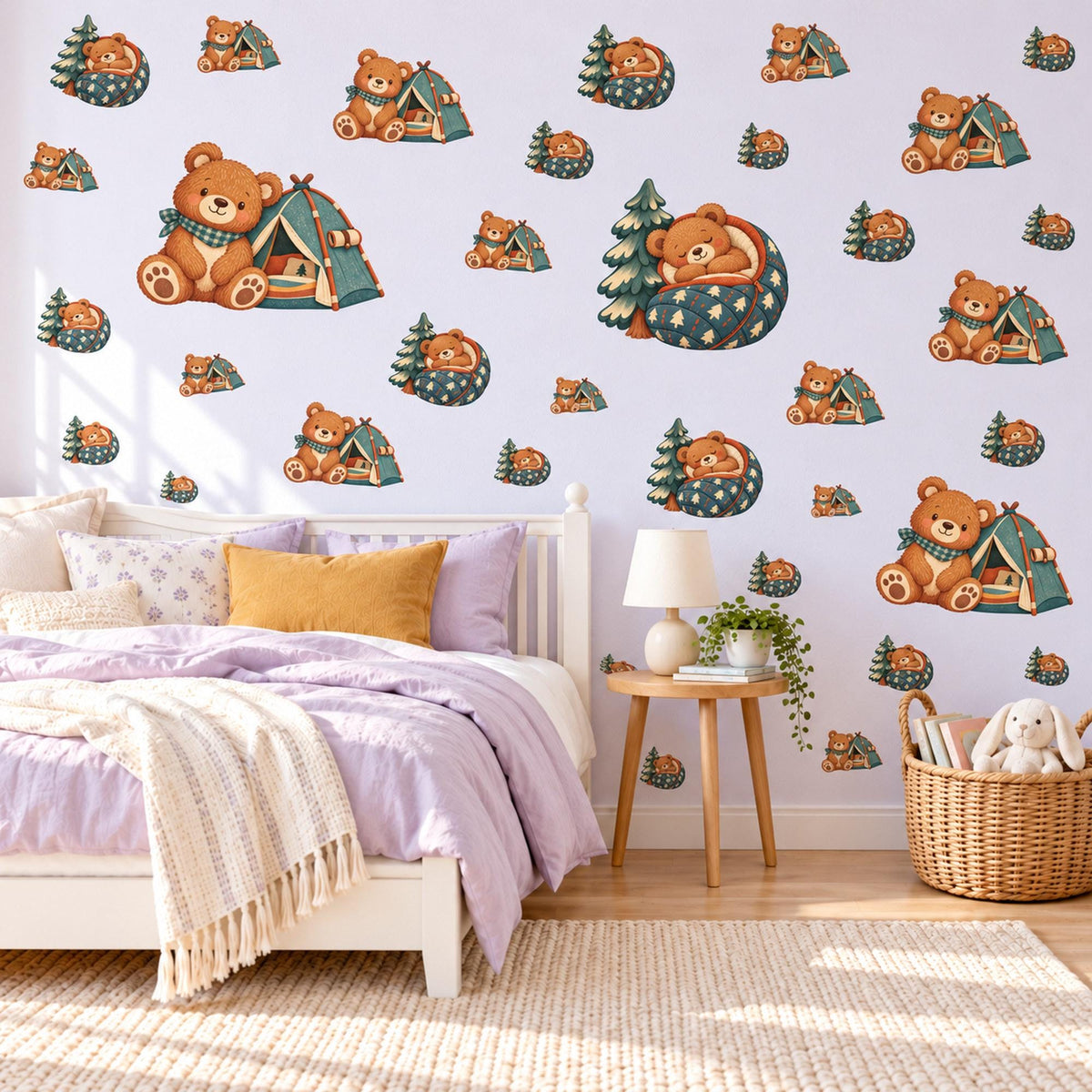 Teddy Bear Wall Stickers, Camping Bear Tent Nursery Decor, Woodland Adventure Wall Decals, Boys Kids Room Green Peel and Stick Wall Art