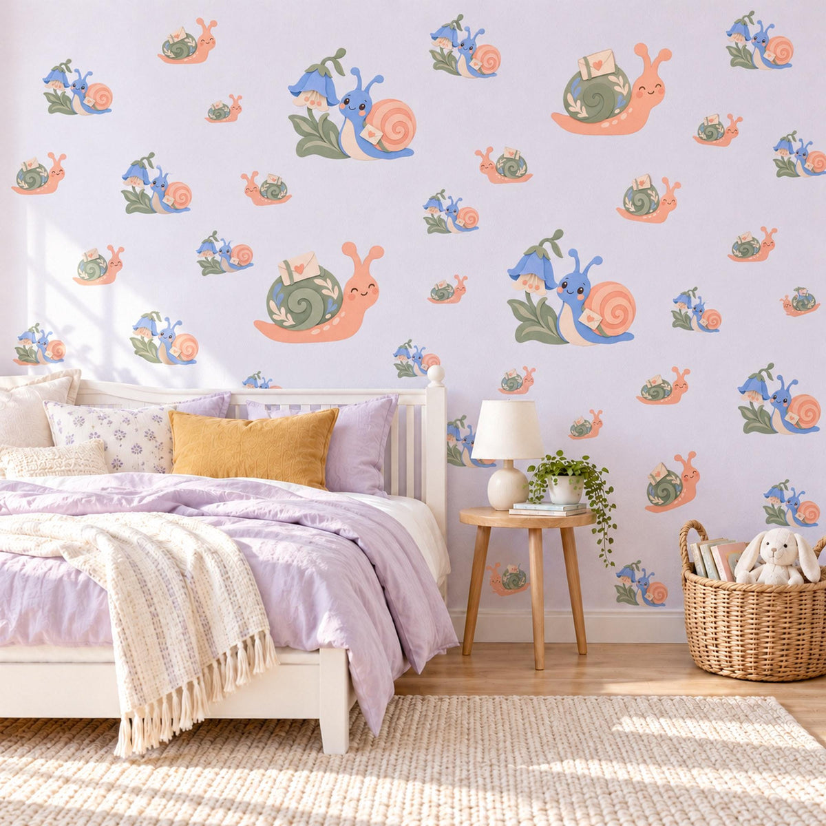 Snail Wall Stickers, Snail Mail Letter Nursery Decor, Garden Snail Bluebell Wall Decals, Kids Room Peach Sage Peel and Stick Wall Art