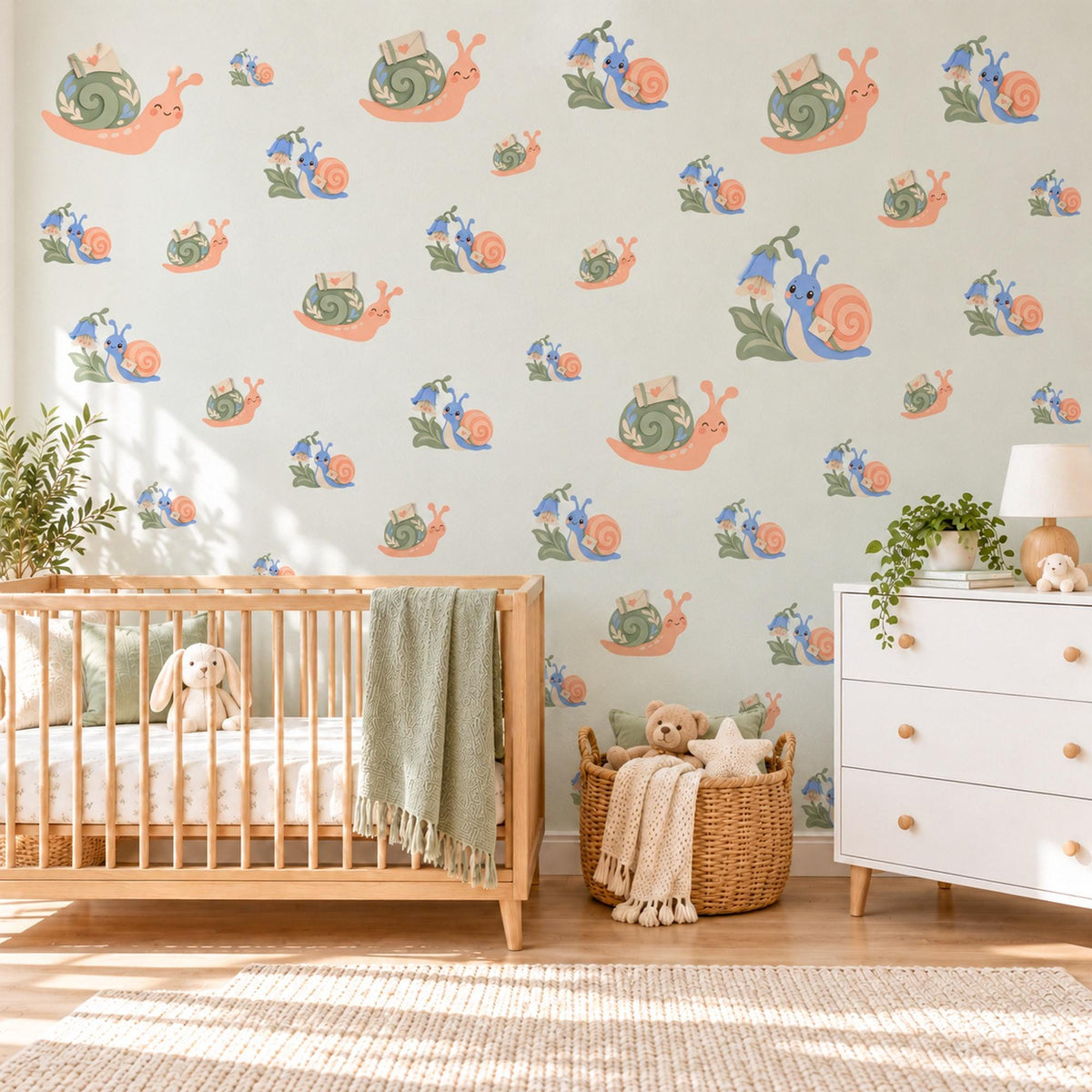 Snail Wall Stickers, Snail Mail Letter Nursery Decor, Garden Snail Bluebell Wall Decals, Kids Room Peach Sage Peel and Stick Wall Art