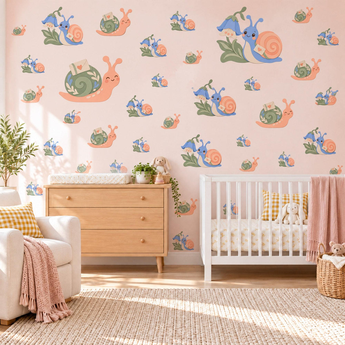 Snail Wall Stickers, Snail Mail Letter Nursery Decor, Garden Snail Bluebell Wall Decals, Kids Room Peach Sage Peel and Stick Wall Art