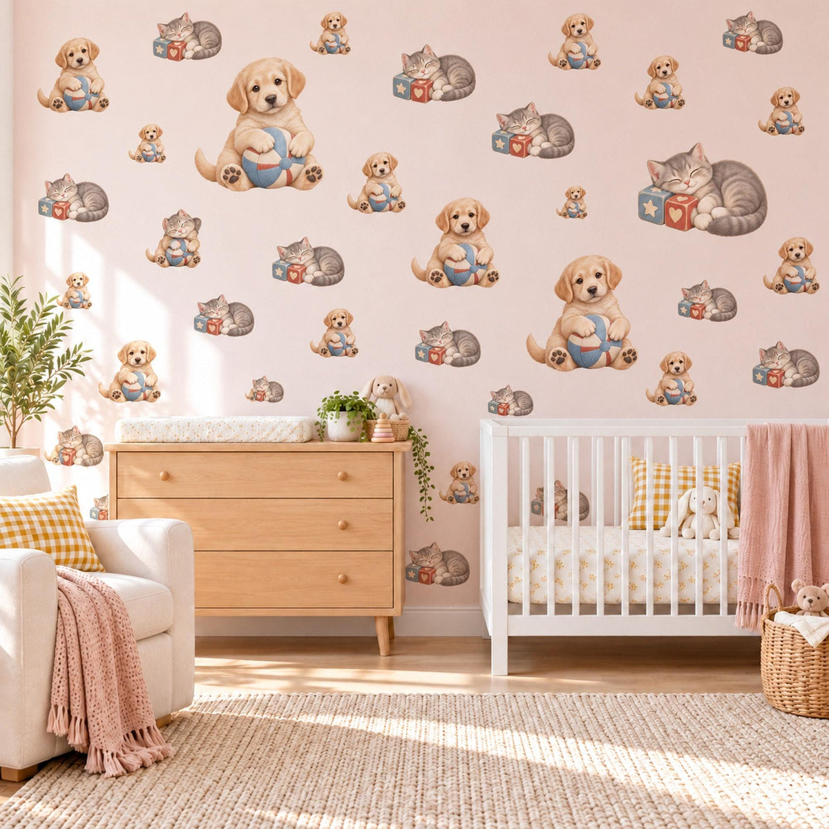 Puppy Wall Stickers, Puppy and Kitten Nursery Decor, Cute Dog Cat Wall Decals, Neutral Kids Room Playroom Peel and Stick Wall Art