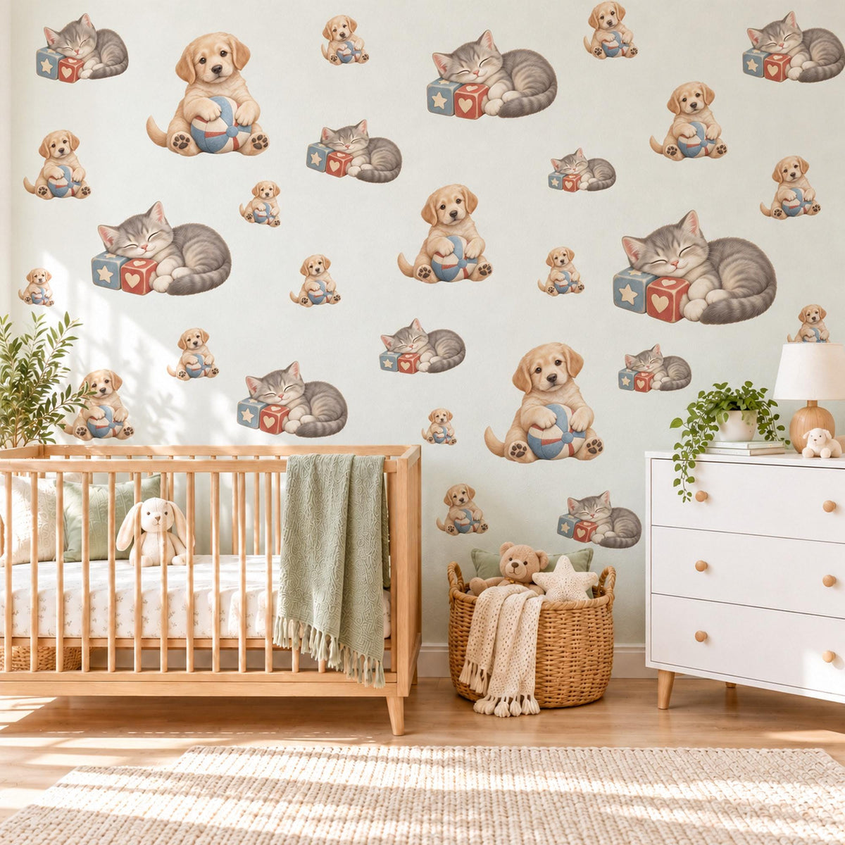 Puppy Wall Stickers, Puppy and Kitten Nursery Decor, Cute Dog Cat Wall Decals, Neutral Kids Room Playroom Peel and Stick Wall Art