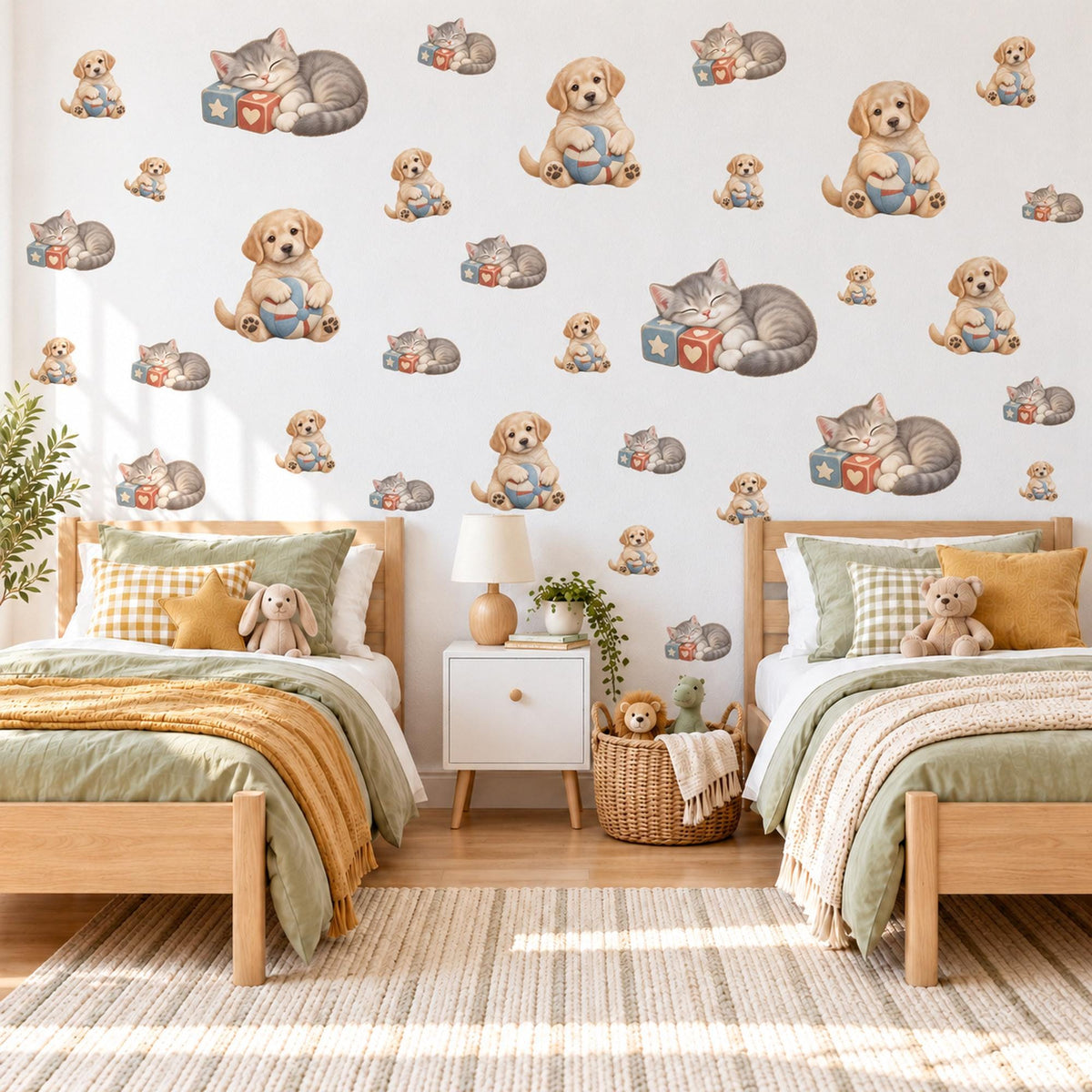 Puppy Wall Stickers, Puppy and Kitten Nursery Decor, Cute Dog Cat Wall Decals, Neutral Kids Room Playroom Peel and Stick Wall Art