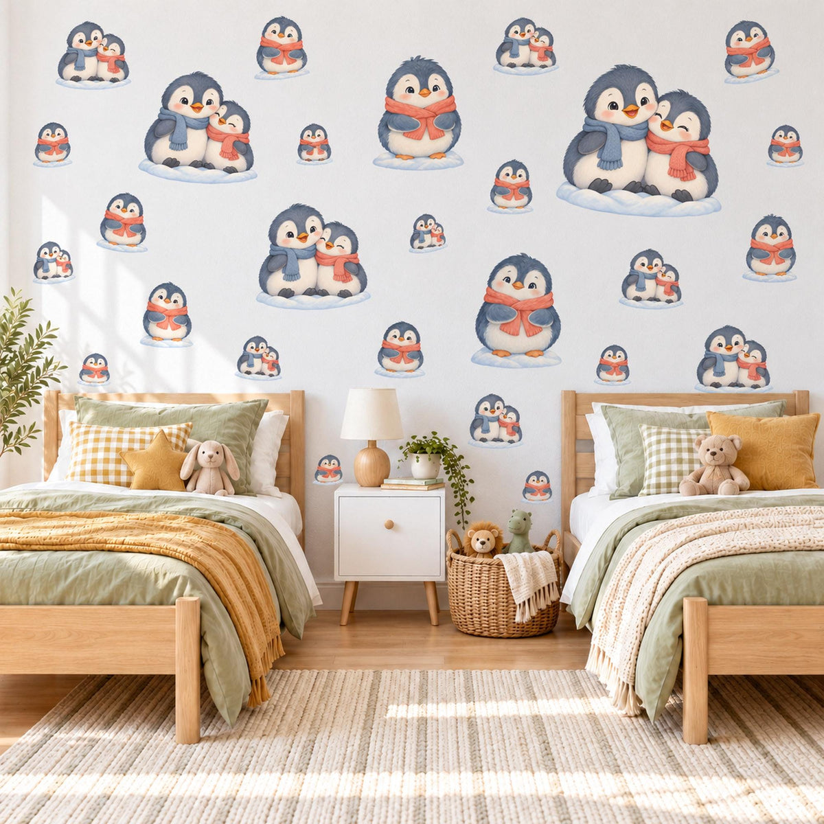 Penguin Wall Stickers, Winter Penguin Nursery Decor, Cute Snow Penguin Wall Decals, Navy Coral Kids Room Peel and Stick Wall Art
