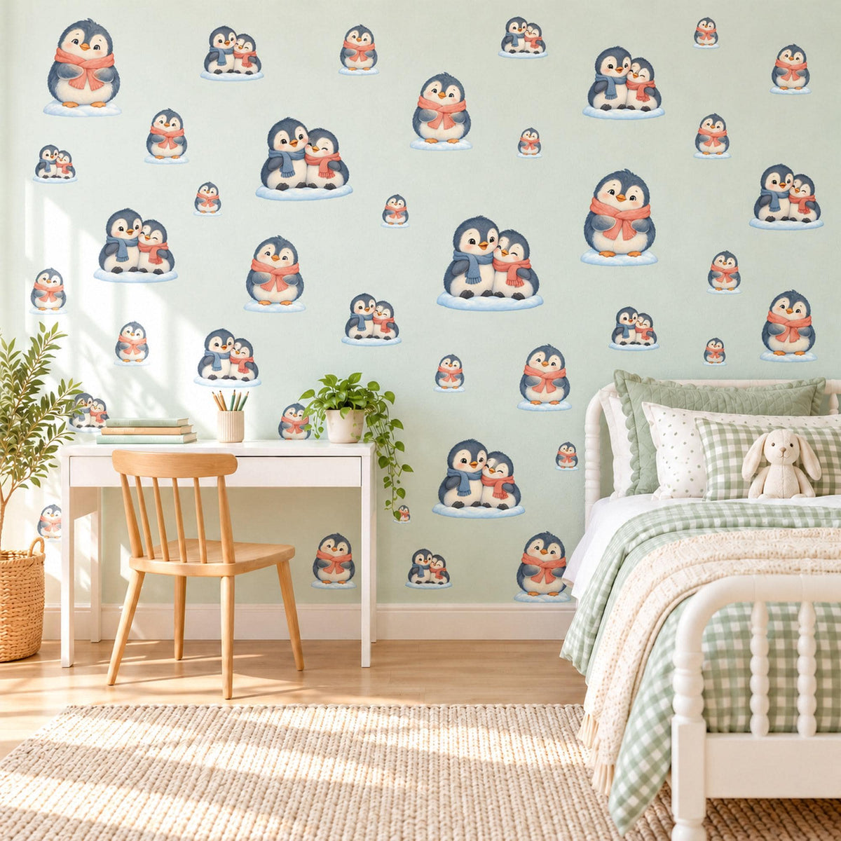 Penguin Wall Stickers, Winter Penguin Nursery Decor, Cute Snow Penguin Wall Decals, Navy Coral Kids Room Peel and Stick Wall Art