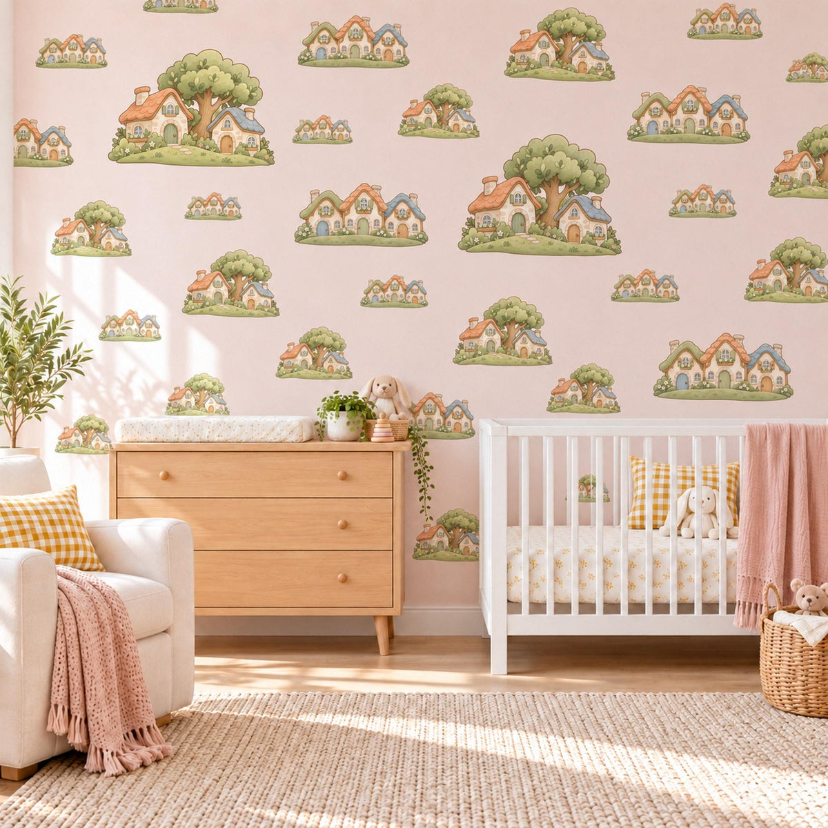 Cottage Wall Stickers, Storybook Village Nursery Decor, Little Houses and Trees Wall Decals, Sage Terracotta Kids Room Peel and Stick Art