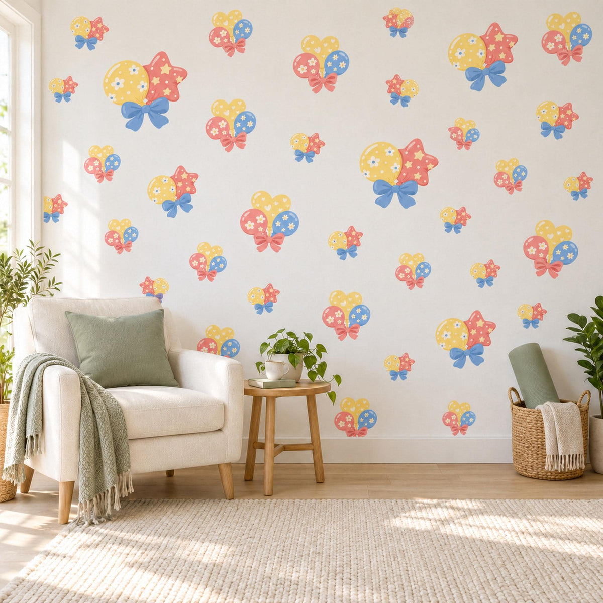 Balloon Wall Stickers, Party Balloon Nursery Decor, Balloons and Bows Wall Decals, Coral Yellow Blue Kids Room Peel and Stick Wall Art