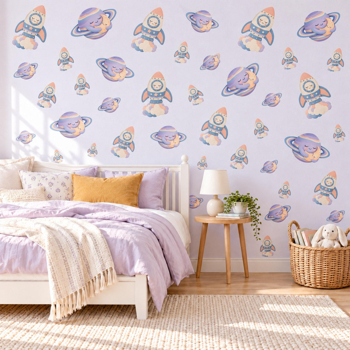 Space Wall Stickers, Rocket and Planet Nursery Decor, Sleepy Planets Wall Decals, Lilac Peach Blue Kids Room Peel and Stick Wall Art