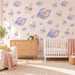 Space Wall Stickers, Rocket and Planet Nursery Decor, Sleepy Planets Wall Decals, Lilac Peach Blue Kids Room Peel and Stick Wall Art
