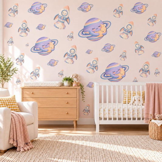 Space Wall Stickers, Rocket and Planet Nursery Decor, Sleepy Planets Wall Decals, Lilac Peach Blue Kids Room Peel and Stick Wall Art