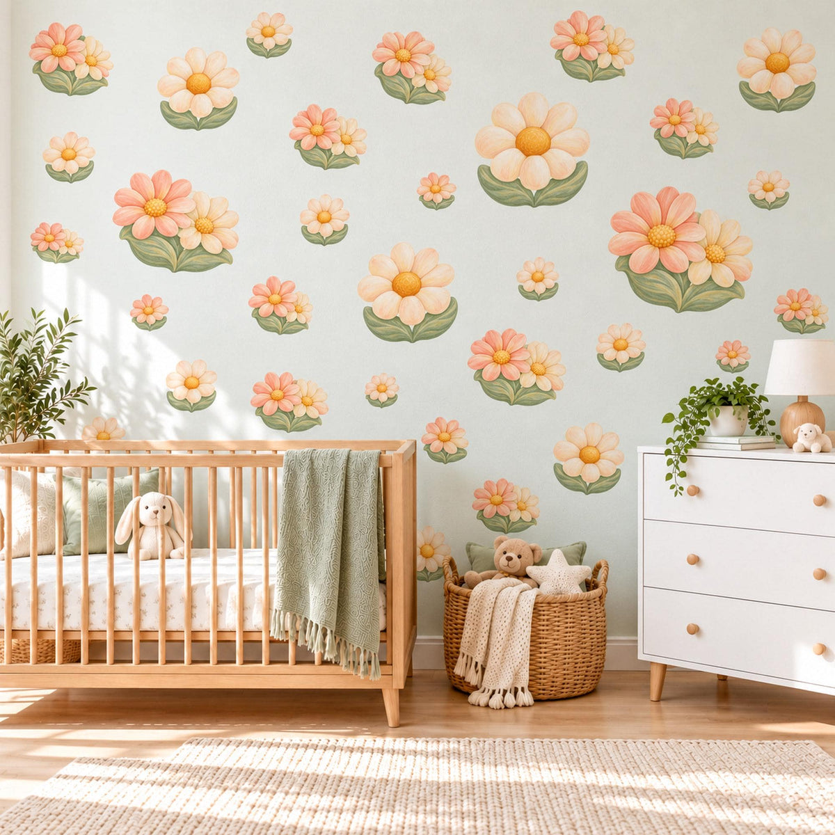Daisy Wall Stickers, Peach Cream Flower Nursery Decor, Retro Daisy Wall Decals, Sage Green Girls Kids Room Peel and Stick Wall Art