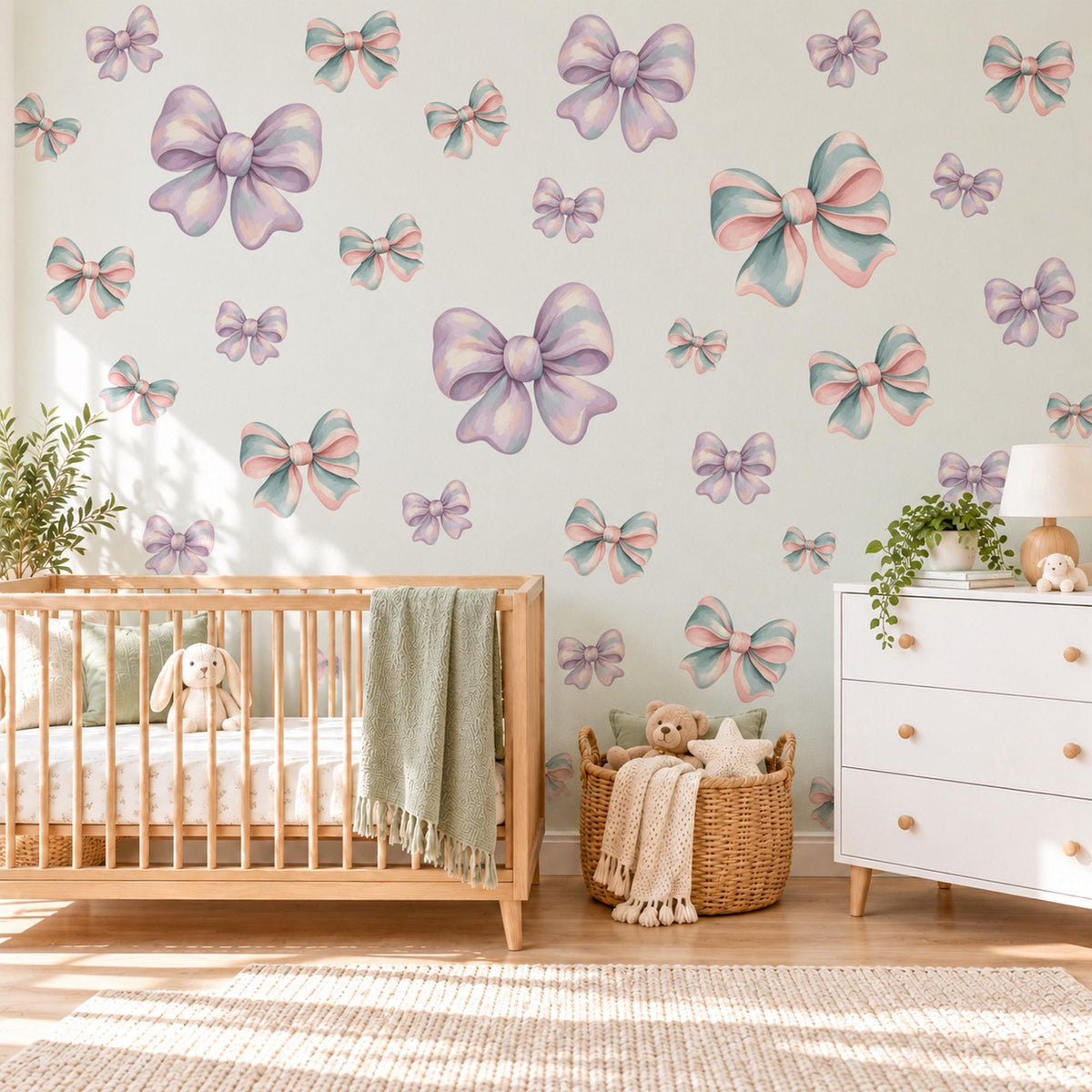 Bow Wall Stickers, Lilac Pastel Bow Nursery Decor, Ribbon Bows Wall Decals, Purple Teal Pink Girls Room Peel and Stick Wall Art