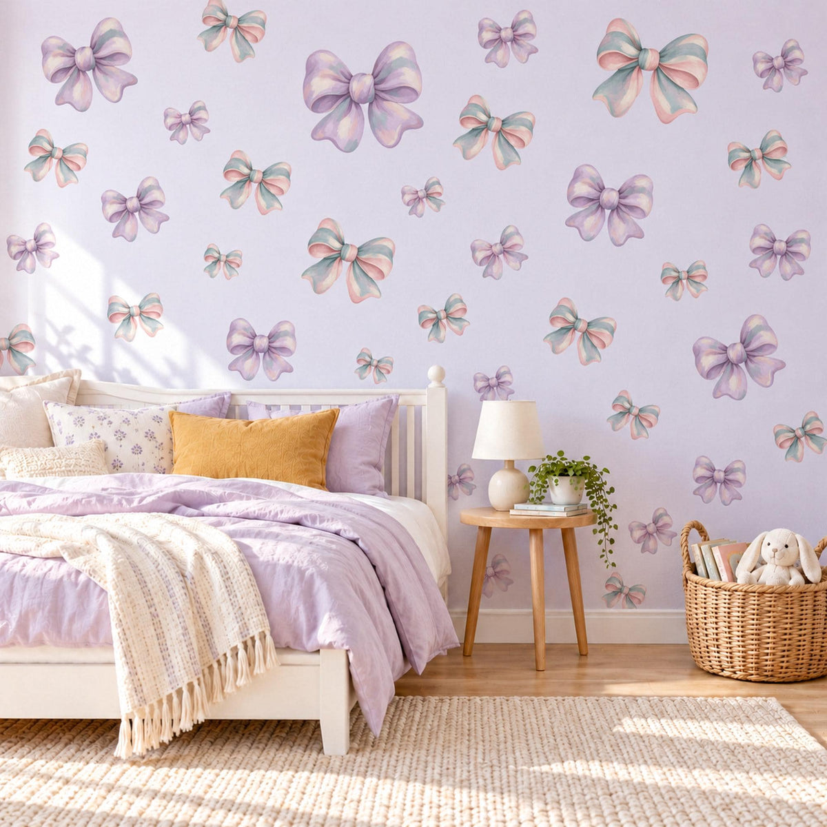 Bow Wall Stickers, Lilac Pastel Bow Nursery Decor, Ribbon Bows Wall Decals, Purple Teal Pink Girls Room Peel and Stick Wall Art