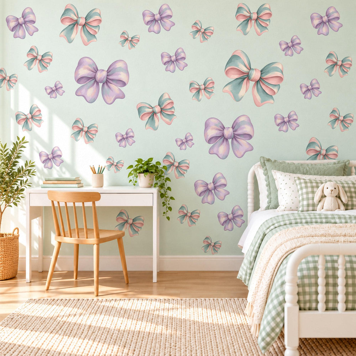 Bow Wall Stickers, Lilac Pastel Bow Nursery Decor, Ribbon Bows Wall Decals, Purple Teal Pink Girls Room Peel and Stick Wall Art