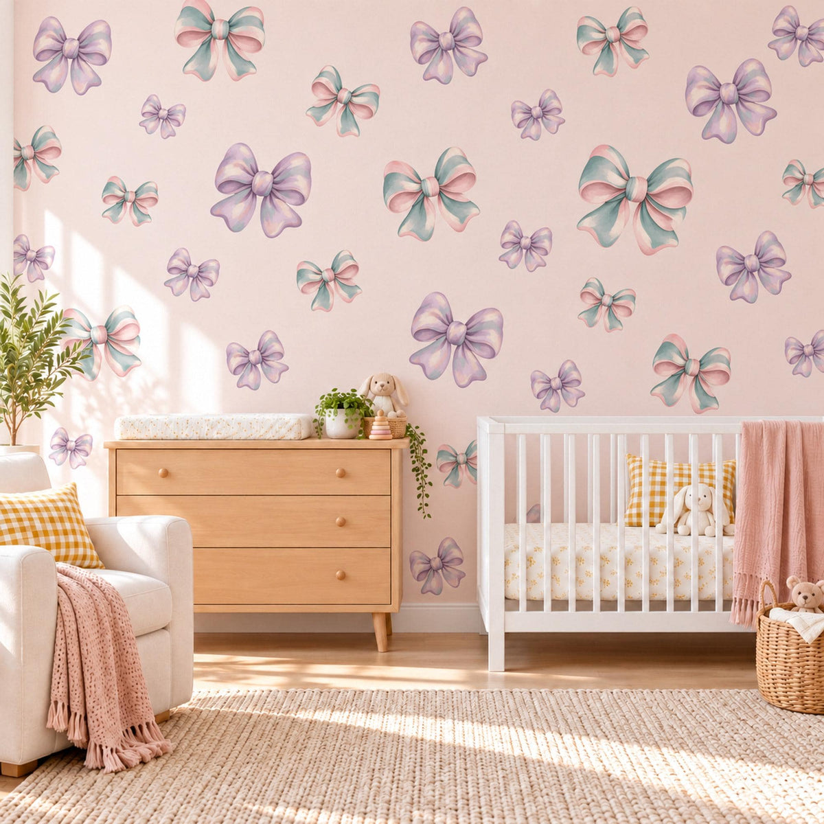 Bow Wall Stickers, Lilac Pastel Bow Nursery Decor, Ribbon Bows Wall Decals, Purple Teal Pink Girls Room Peel and Stick Wall Art