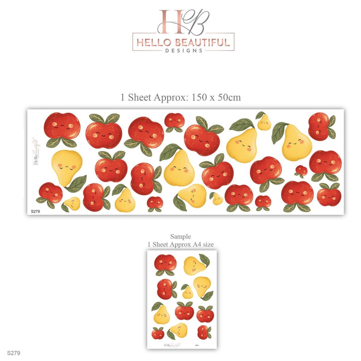 Apple Pear Wall Stickers, Cute Fruit Nursery Decor, Smiling Apples and Pears Wall Decals, Red Yellow Kids Room Peel and Stick Wall Art