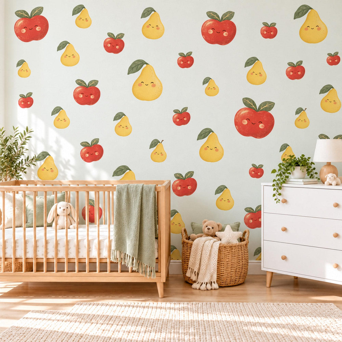 Apple Pear Wall Stickers, Cute Fruit Nursery Decor, Smiling Apples and Pears Wall Decals, Red Yellow Kids Room Peel and Stick Wall Art