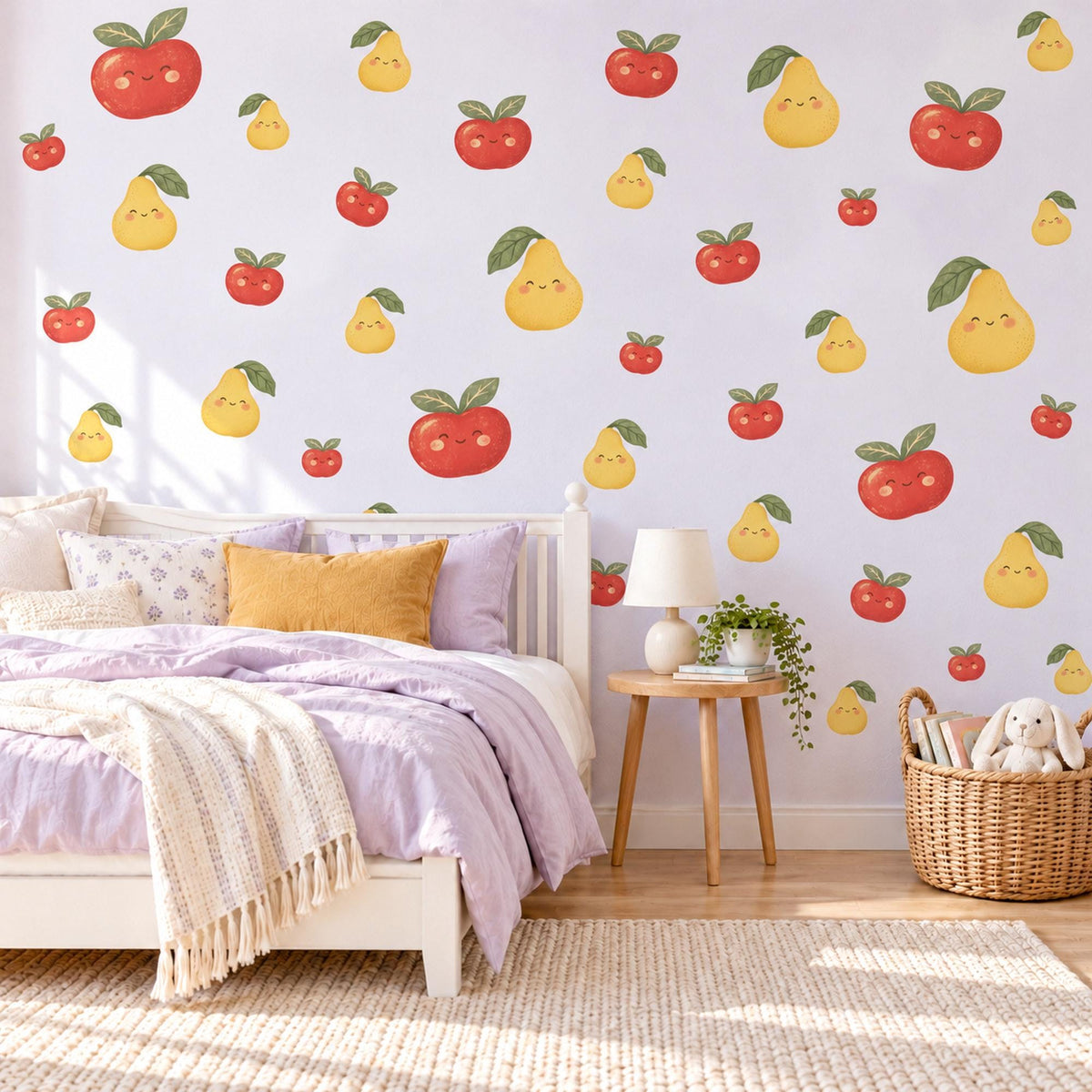 Apple Pear Wall Stickers, Cute Fruit Nursery Decor, Smiling Apples and Pears Wall Decals, Red Yellow Kids Room Peel and Stick Wall Art