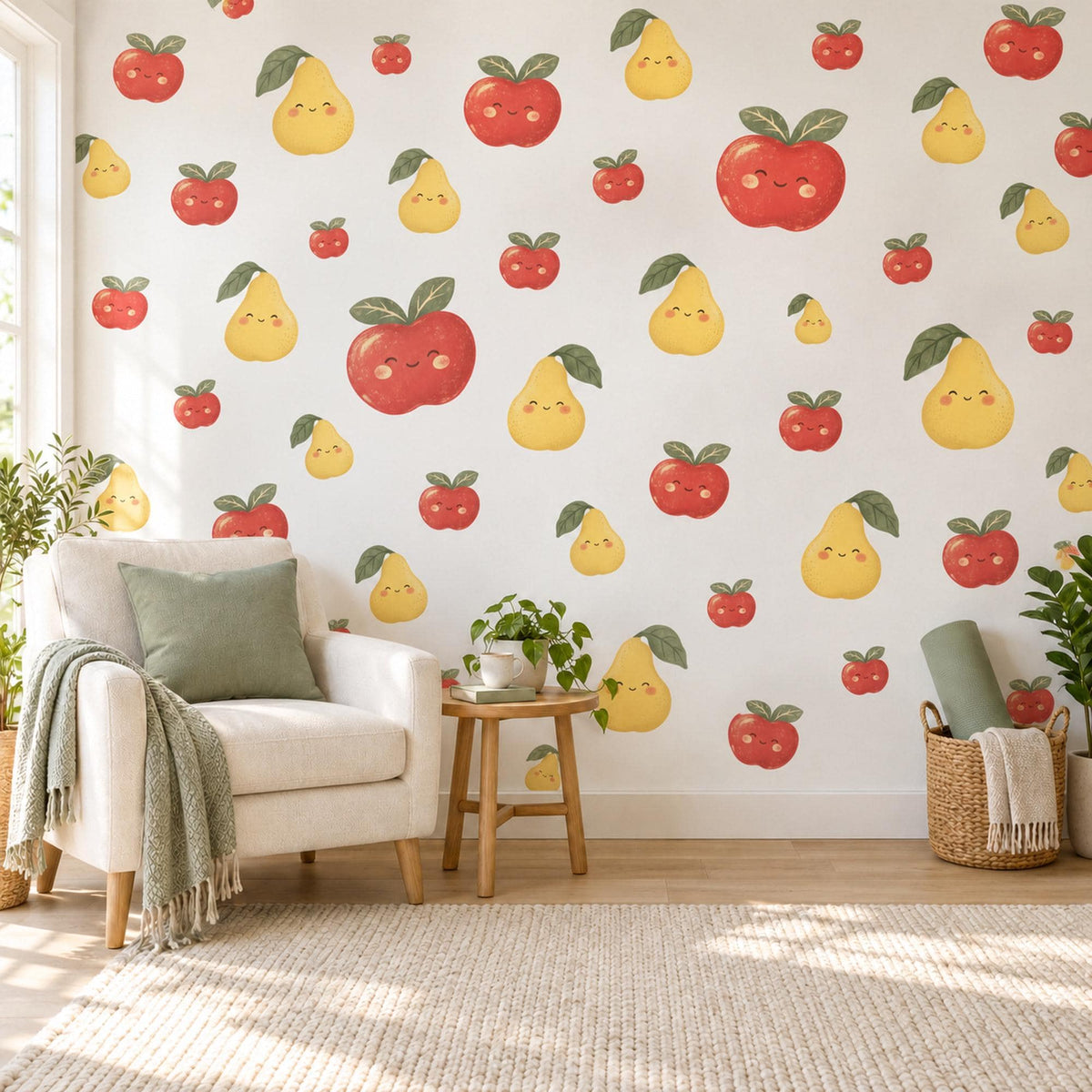 Apple Pear Wall Stickers, Cute Fruit Nursery Decor, Smiling Apples and Pears Wall Decals, Red Yellow Kids Room Peel and Stick Wall Art