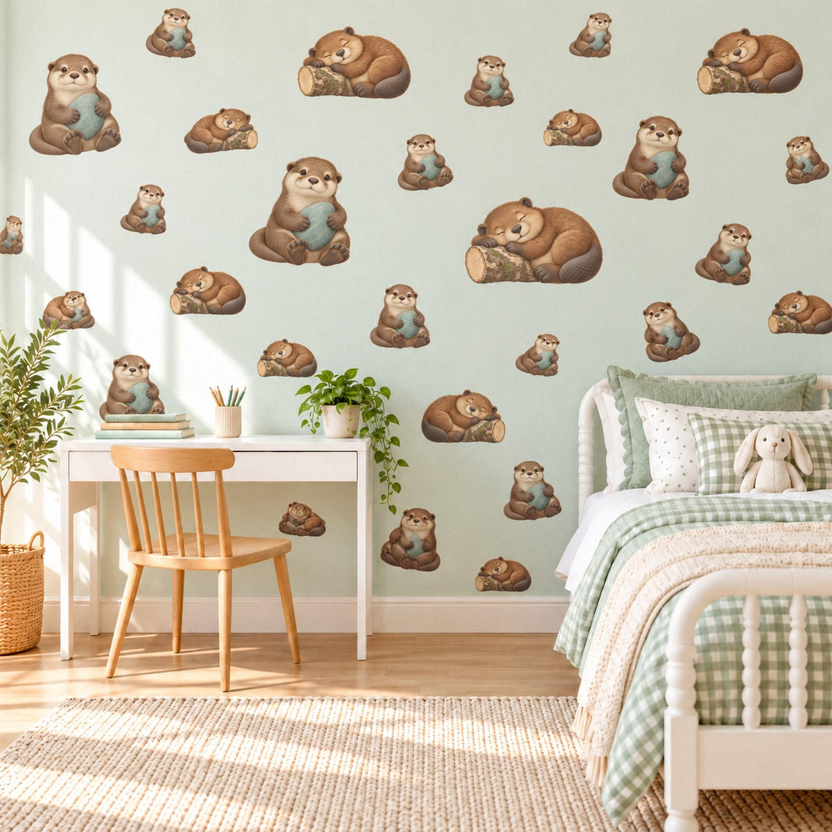 Otter Wall Stickers, Cute Otter Nursery Decor, Sleepy River Otters Wall Decals, Brown Teal Woodland Kids Room Peel and Stick Wall Art