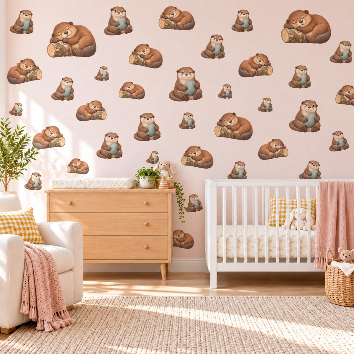 Otter Wall Stickers, Cute Otter Nursery Decor, Sleepy River Otters Wall Decals, Brown Teal Woodland Kids Room Peel and Stick Wall Art