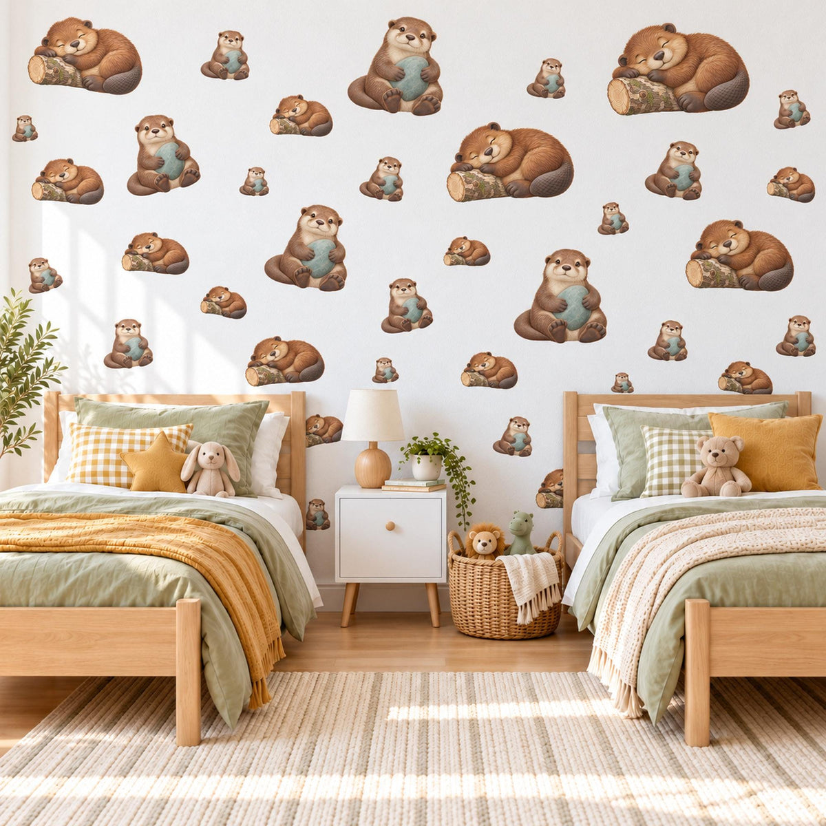 Otter Wall Stickers, Cute Otter Nursery Decor, Sleepy River Otters Wall Decals, Brown Teal Woodland Kids Room Peel and Stick Wall Art