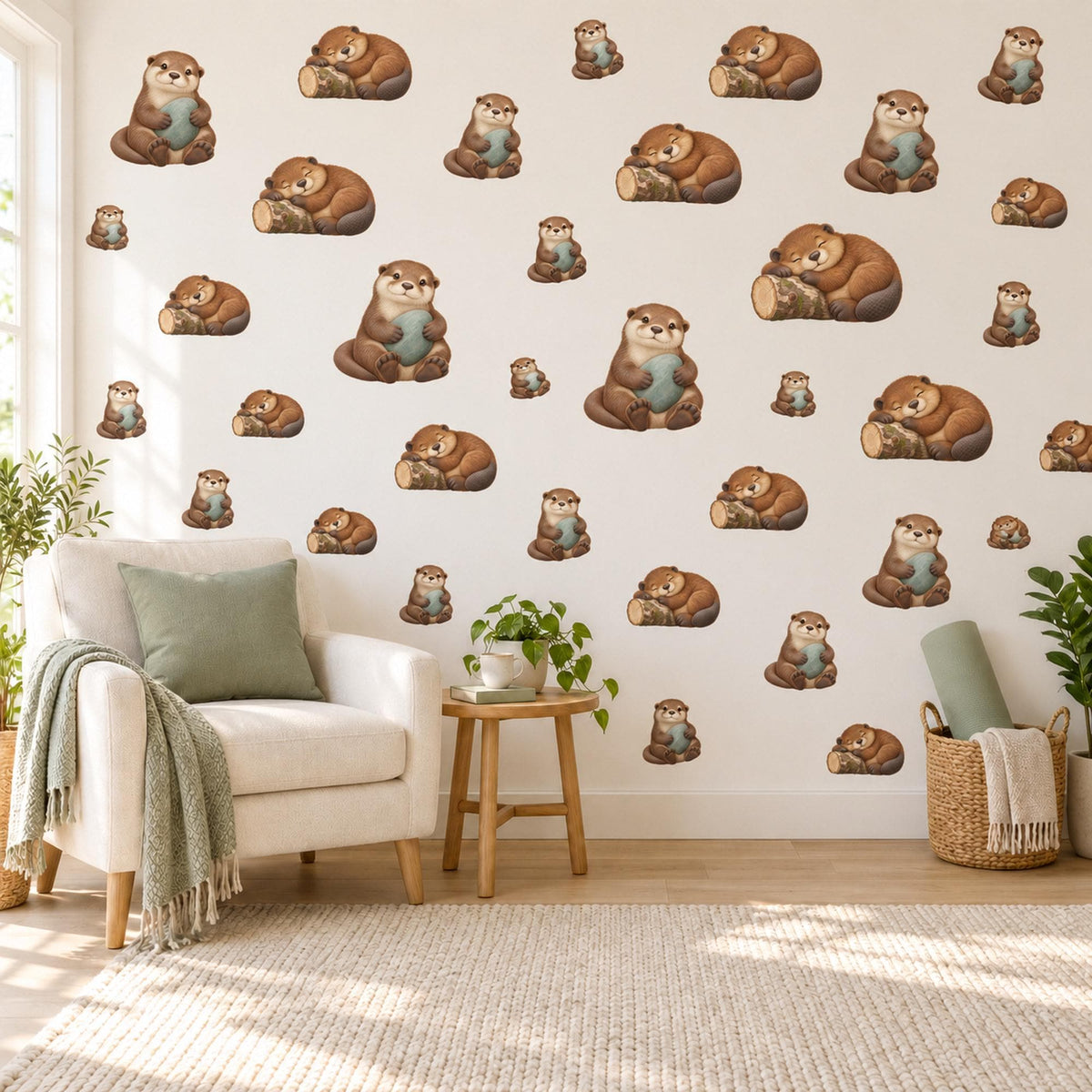 Otter Wall Stickers, Cute Otter Nursery Decor, Sleepy River Otters Wall Decals, Brown Teal Woodland Kids Room Peel and Stick Wall Art