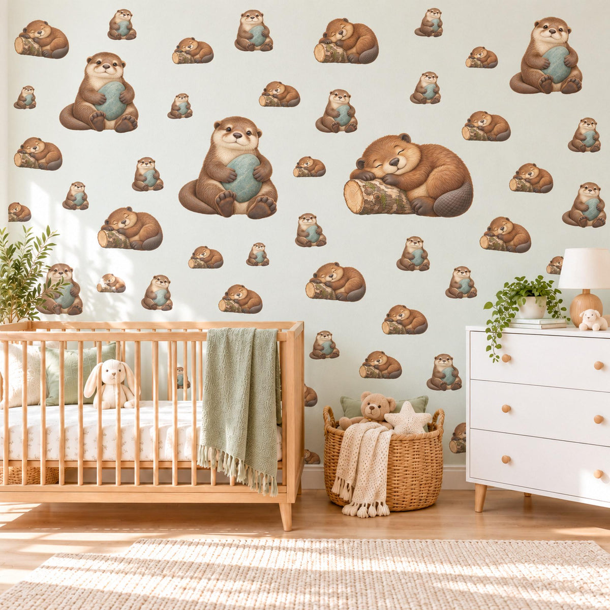 Otter Wall Stickers, Cute Otter Nursery Decor, Sleepy River Otters Wall Decals, Brown Teal Woodland Kids Room Peel and Stick Wall Art